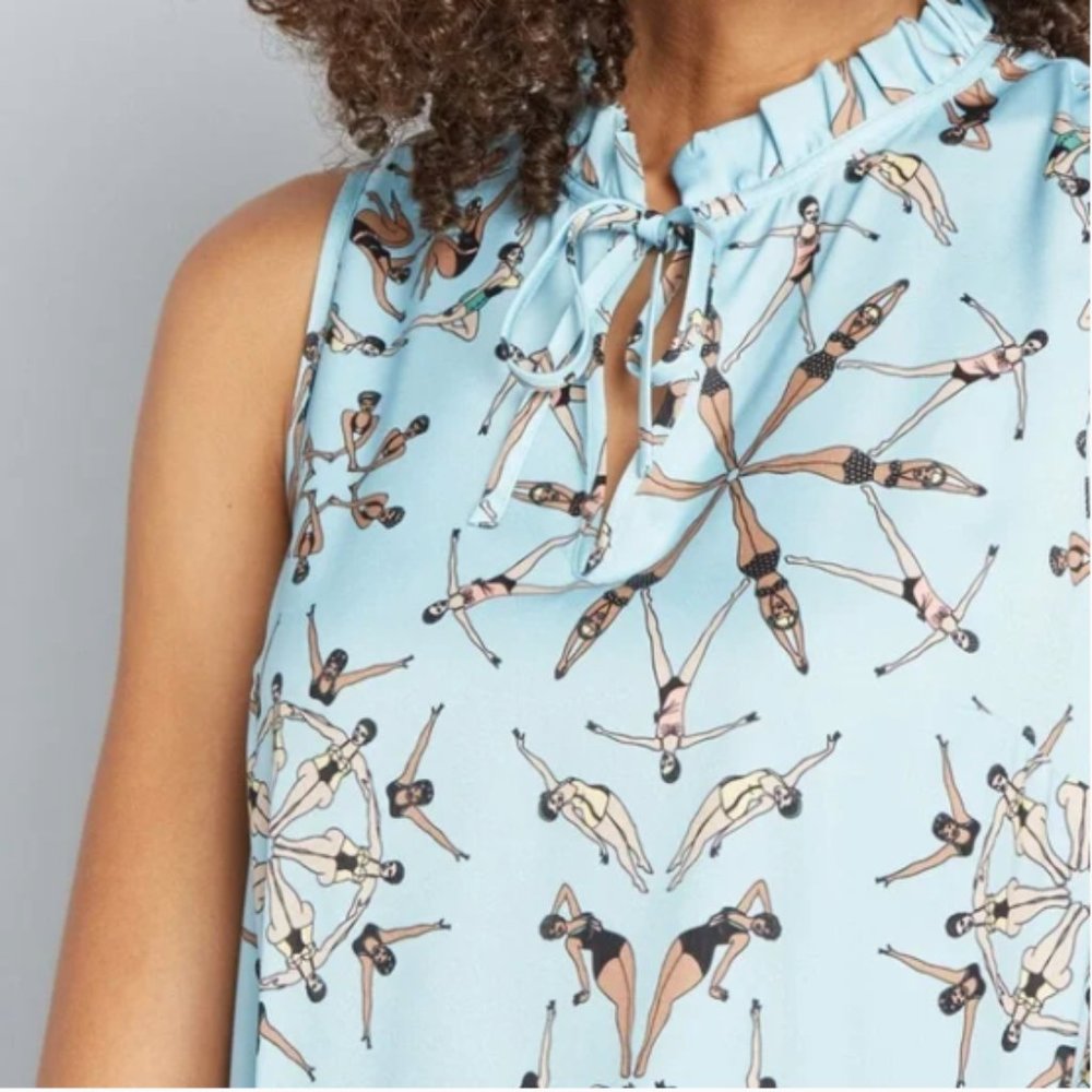 ModCloth Dupenny Sz XL Blue Sleeveless Ruffle Collar Keyhole Synchronized Blouse